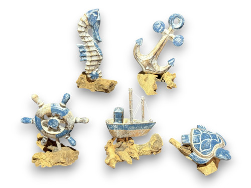 FIGURAS MARINAS NATUR/AZUL (ancla,hipocampo,tortuga,timon,barco) 25cm pack 5